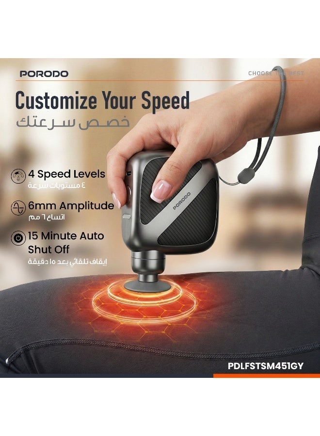 porodo Lifestyle Pocket Sized Muscle Relief Massager, Portable Pain Relief Massager with 3x Massage Heads / Up to 3200RPM Motor Speed / Timer Function / 4x Adjustable Speed Settings / USB-C Charging / Ergonomic Grip Design - Gray - Image 4
